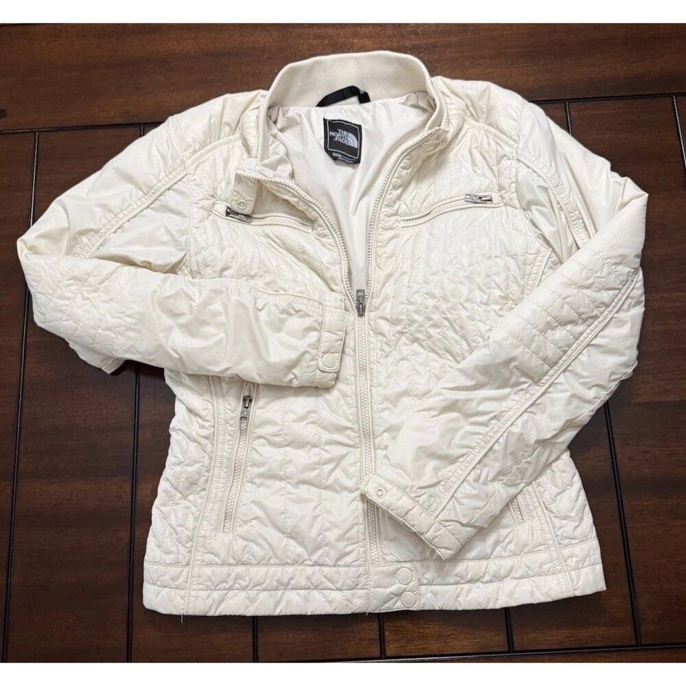 🔥The North Face Jacket Women's M Quilted Moto Biker Ivory Snow Full Zip Nylon